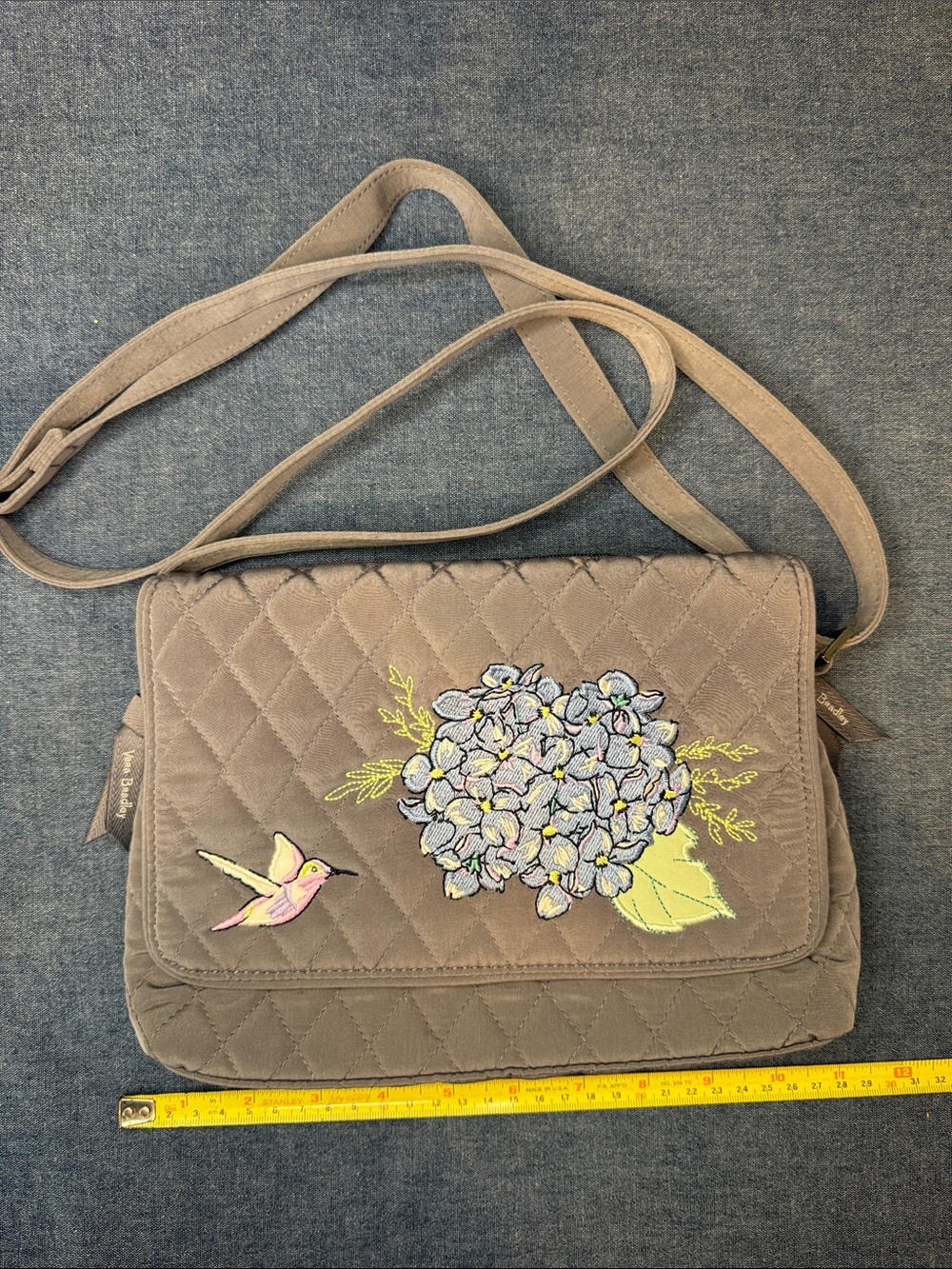 Vera Bradley Gray Quilted Crossbody with Floral & Hummingbird Embroidery